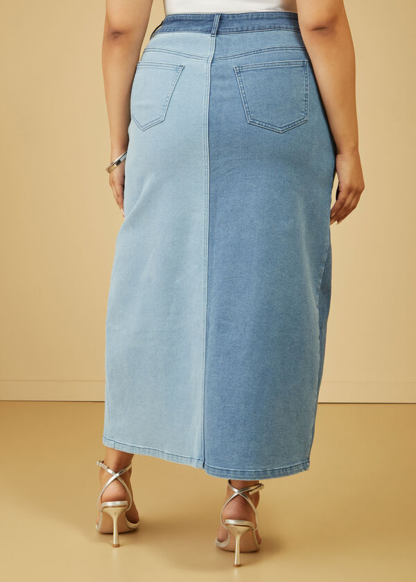 Colorblock Split Front Denim Skirt, Denim image number 1