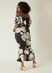 Rose Print Off The Shoulder Dress, Black White image number 1