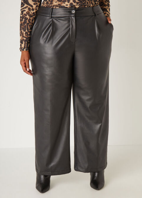 Faux Leather Straight Leg Trousers, Black image number 2