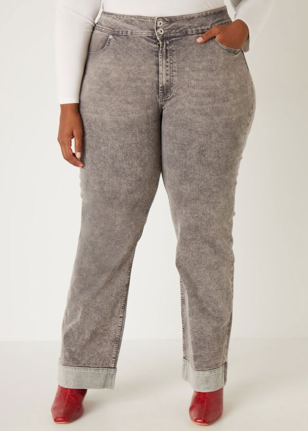 Cuffed Acid Wash Wide Leg Jeans, Grey image number 0