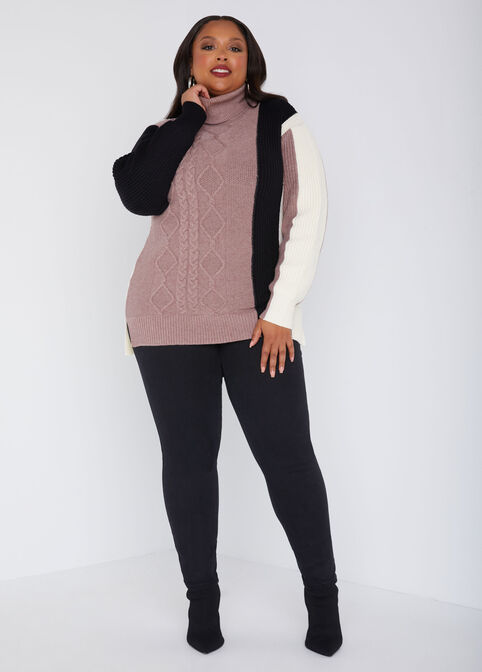 Colorblock Cable Knit Sweater, Multi image number 2