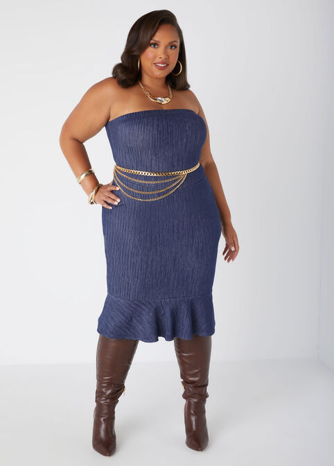 Strapless Textured Denim Dress, Denim Blue image number 3