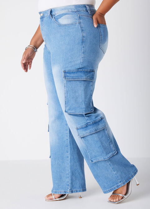 Wide Leg Cargo Jeans, Lt Sky Blue image number 2