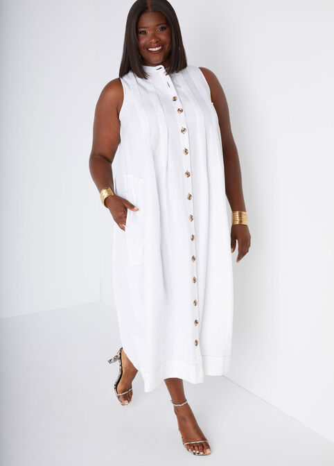 Midi Pleated Shirtdress, White image number 2