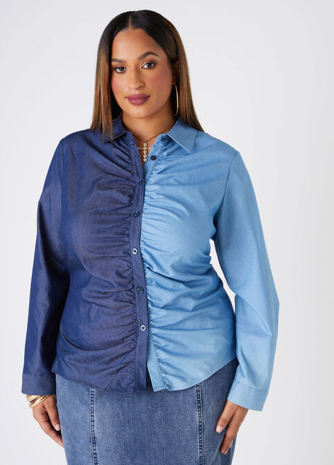 Ruched Two Tone Chambray Shirt, Denim image number 2