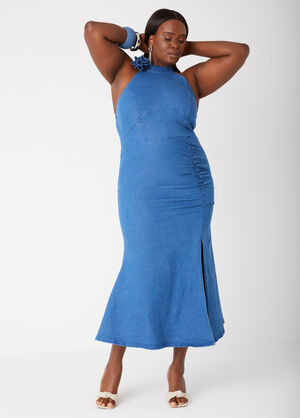 Rosette Denim Halter Dress, Medium Blue image number 0