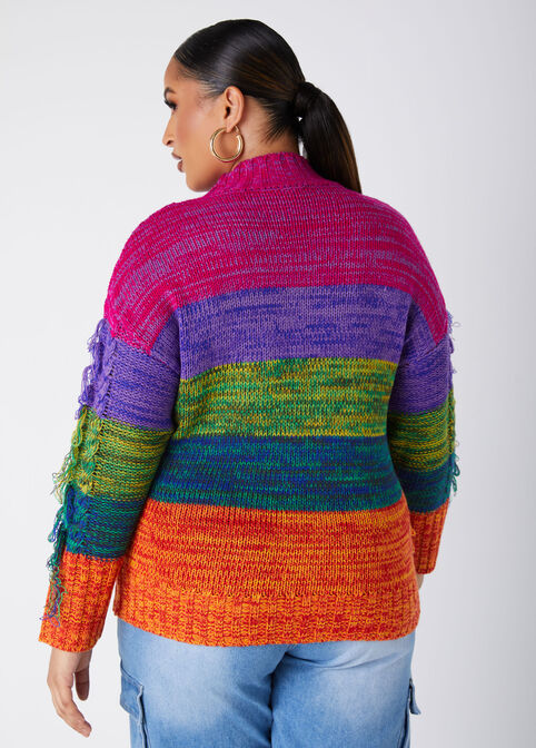 Fringed Rainbow Cable Knit Sweater, Multi image number 1