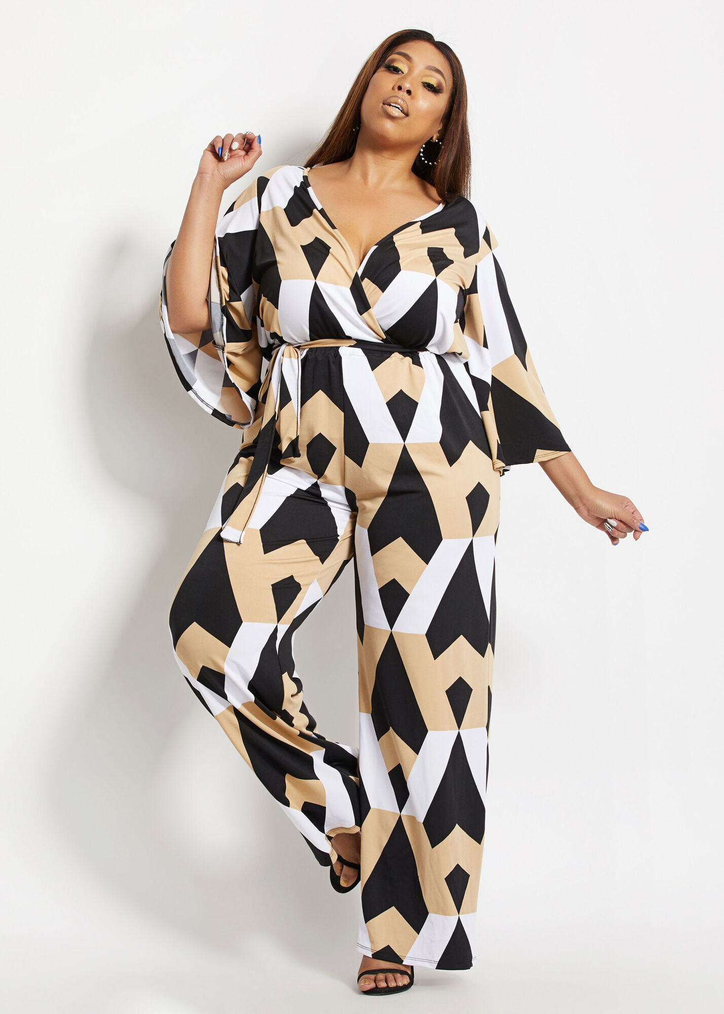 Plus Size Belted Geo Colorblock Wrap Wide Leg Sexy Party Jumpsuits