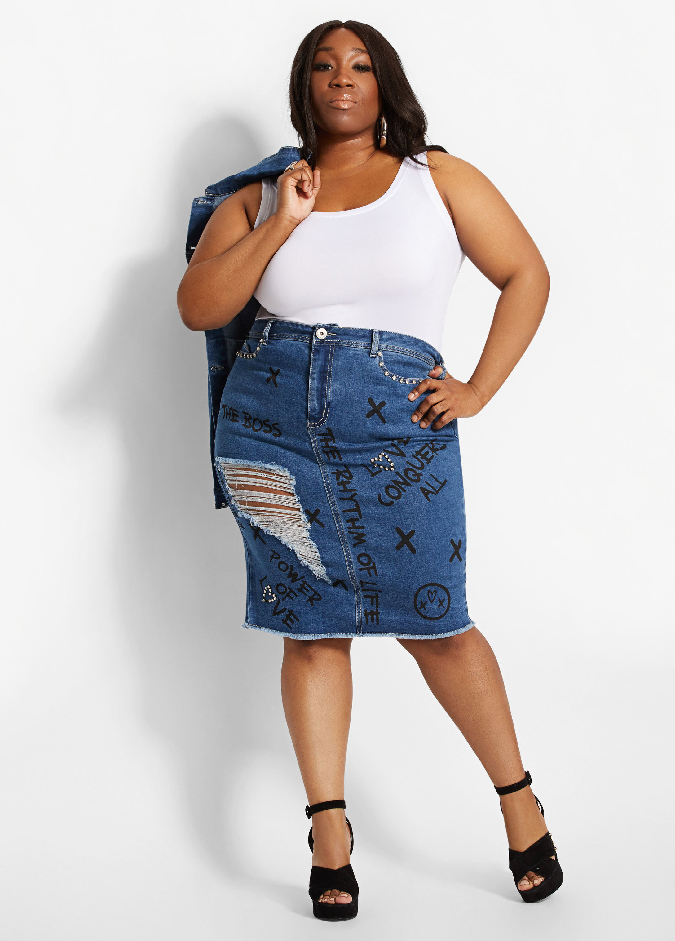 Plus Size Casual Denim Skirt Women's Plus Solid Button Fly - Temu