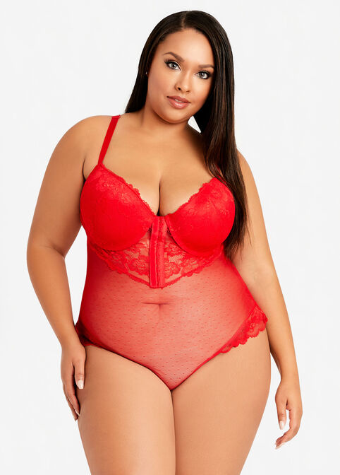 Plus Size Sexy Lingerie Lace Underwire Cup Dot Mesh Thong Bodysuits