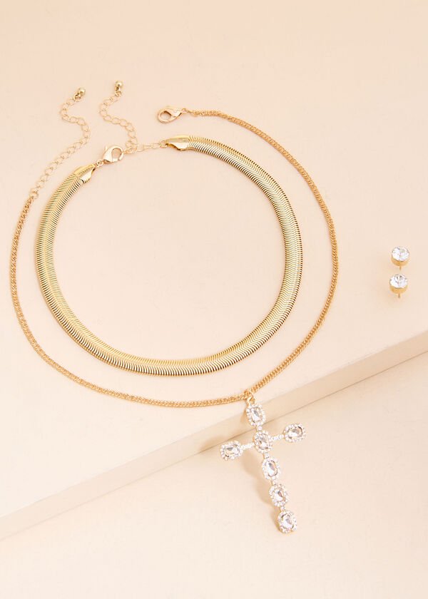 Gold Tone Cross Necklace Set, Gold image number 1