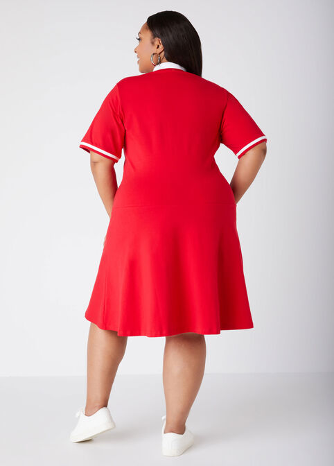 Stripe Trimmed Jersey Polo Dress, Tango Red image number 1