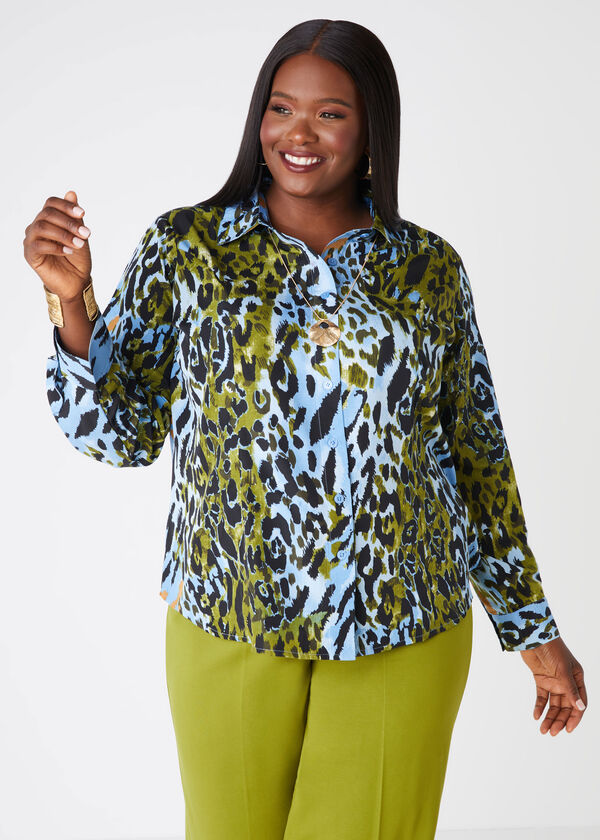 Collared Animal Print Shirt, Blue image number 0