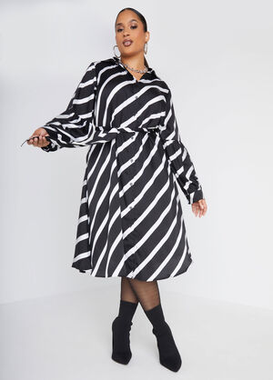 Belted Striped Midaxi Shirtdress, Black White image number 0