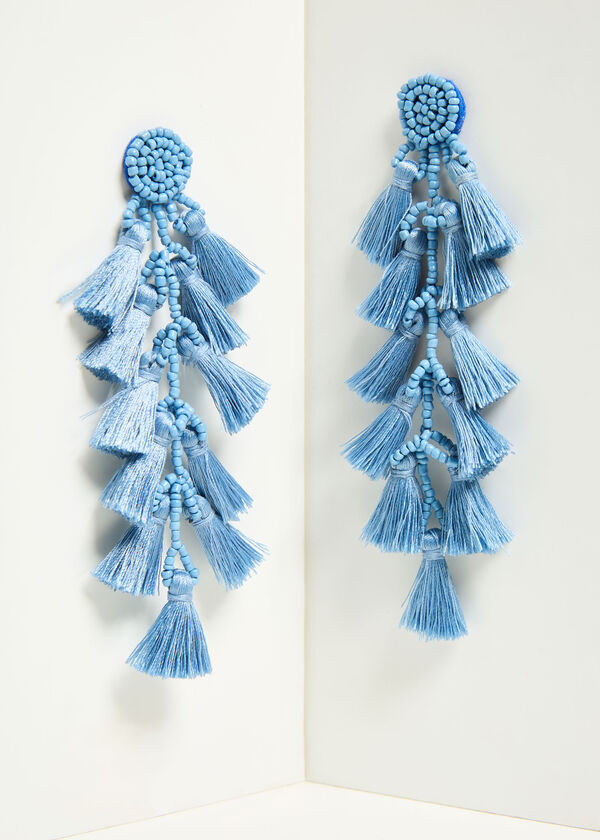 Beaded Tasseled Dangle Earrings, Denim image number 1