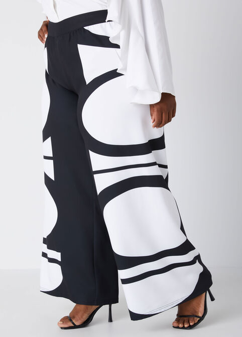 Printed Crepe Wide Leg Pants, Black White image number 2