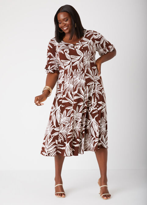 U Ring Tropical Print Midi Dress, Potting Soil image number 0