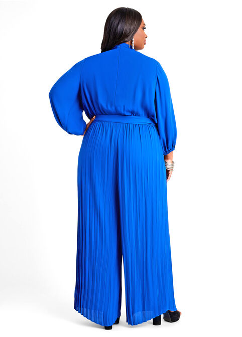 Tie Neck Pleated Wide Leg Jumpsuit, Sodalite image number 1