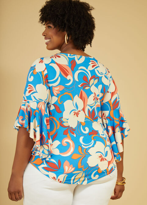 Floral Print Drama Sleeved Top, Blue image number 1