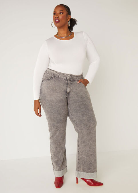 Cuffed Acid Wash Wide Leg Jeans, Grey image number 3