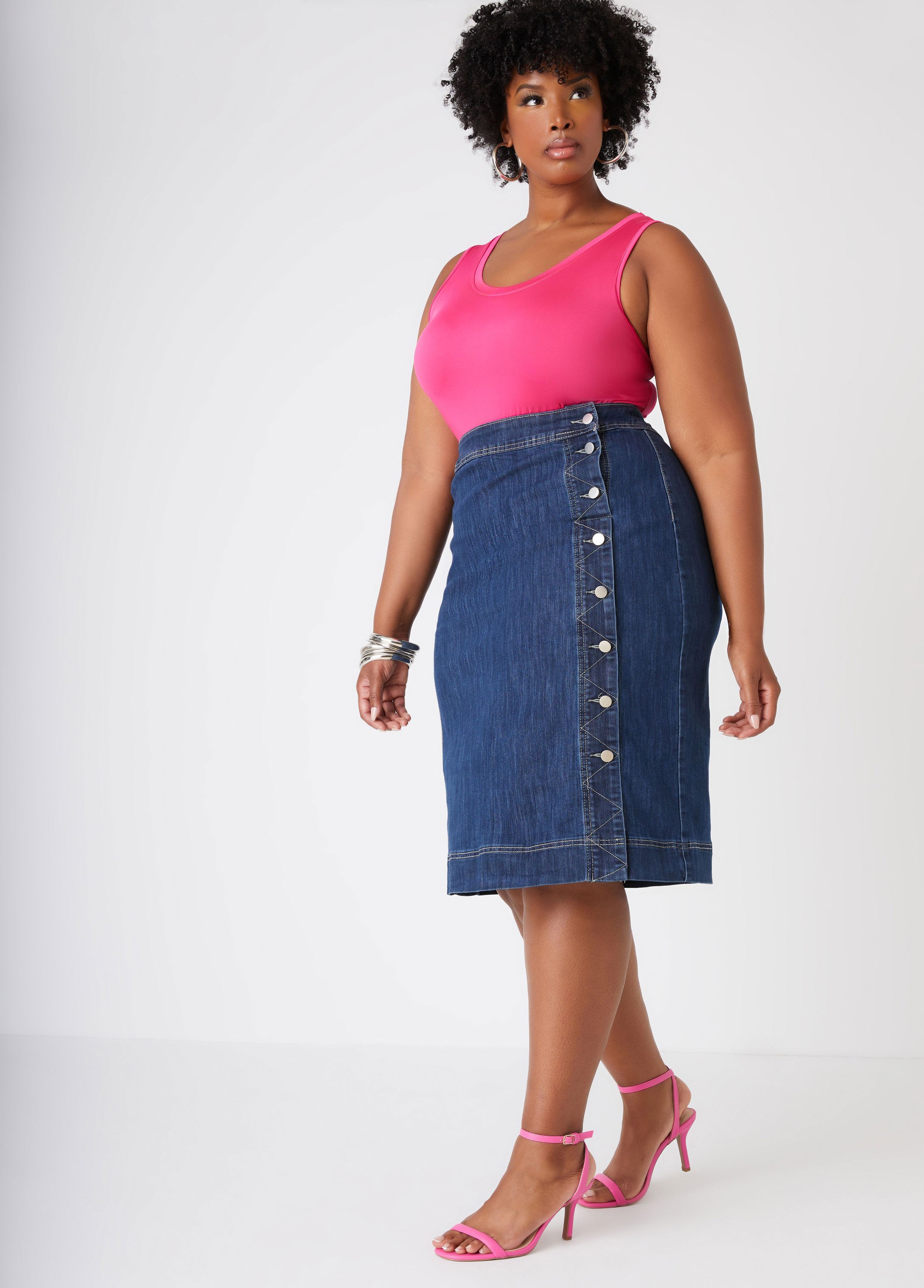 Buttoned Denim Pencil Skirt