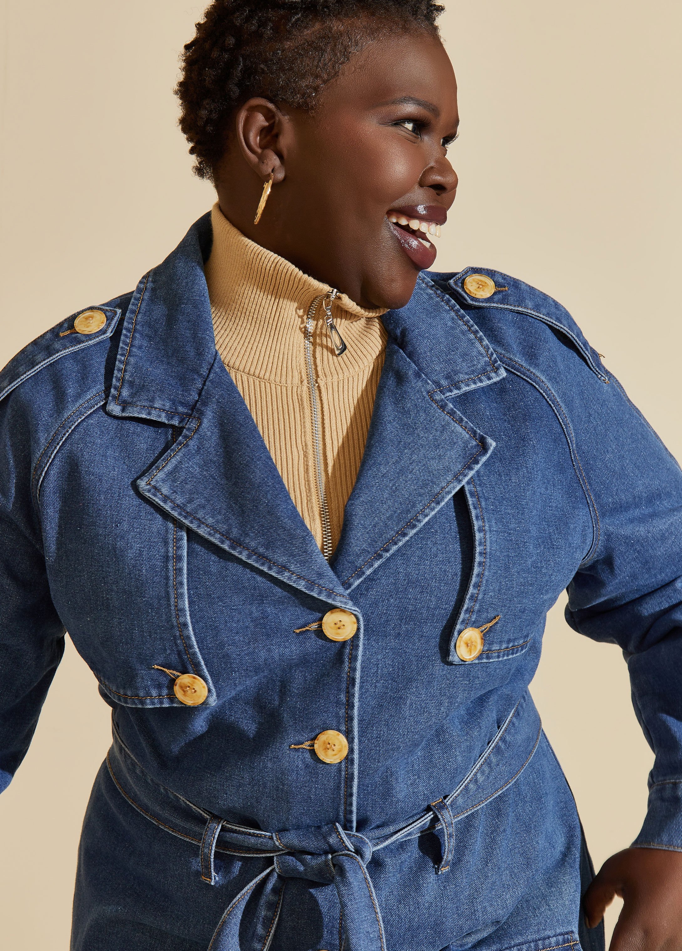 Belted denim shop trench coat