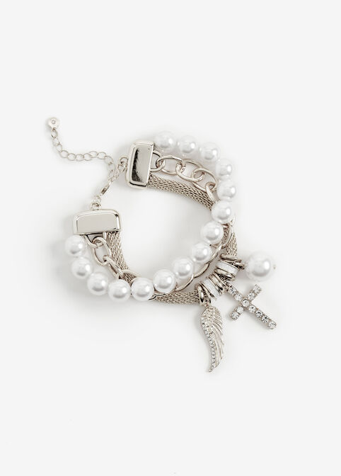 Silver Pearl Charm Bracelet Set, Silver image number 1