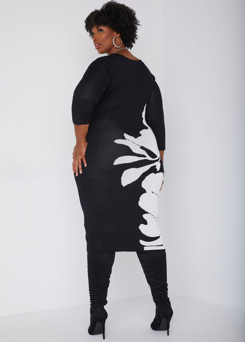 Floral Midi Sweater Dress, Black Combo image number 1