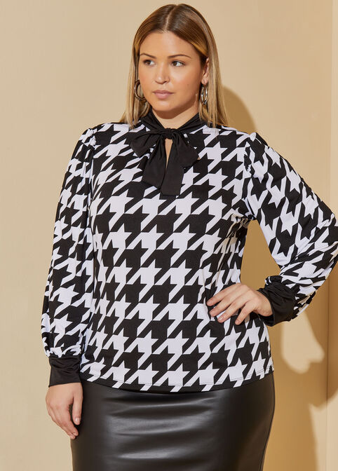 Tie Neck Houndstooth Top, Multi image number 0