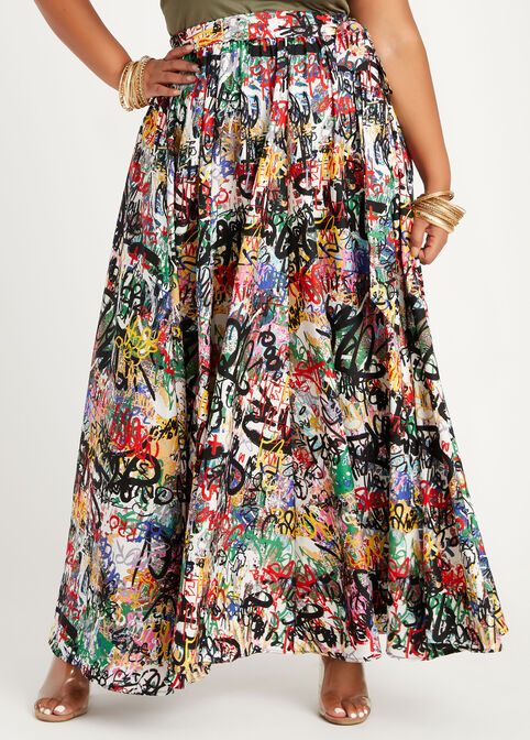 Plus Size Belted Graffiti Graphic Art High Waist Woven Flowy Maxi Skirt