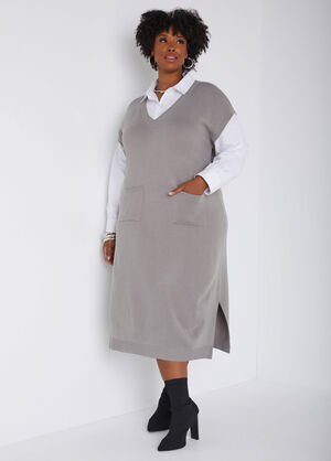 Poplin Paneled Sweater Dress, Heather Grey image number 0