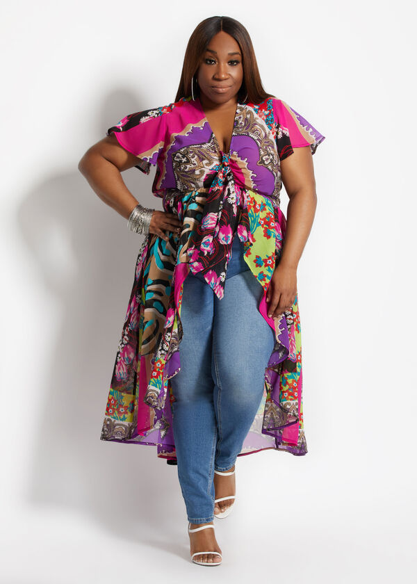 Plus Size Mix Print Sheer Hi Low Smocked Duster Party Summer Tops
