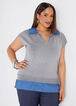 Chambray Paneled V Neck Sweater, Heather Grey image number 0