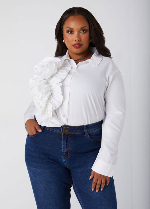 Ruffled Cotton Blend Poplin Shirt, White image number 2