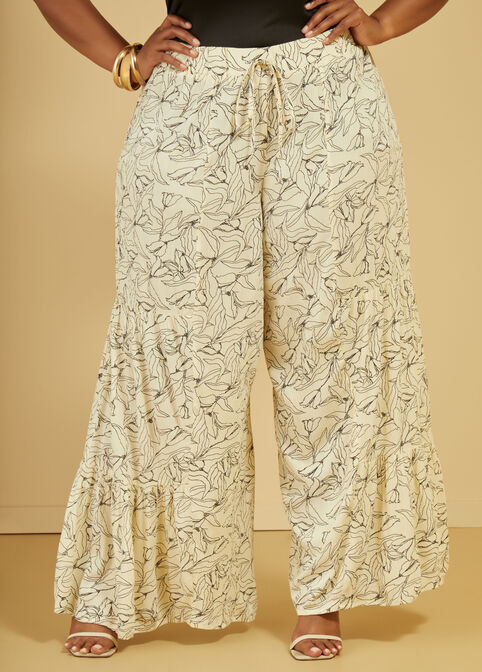 Flounced Floral Print Pants, Ivory image number 2