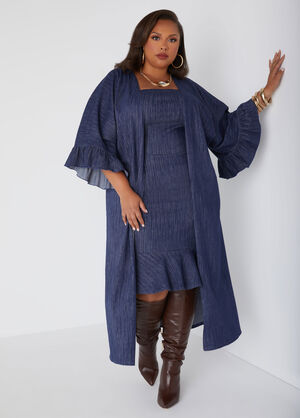 Textured Denim Ruffled Duster, Denim Blue image number 0