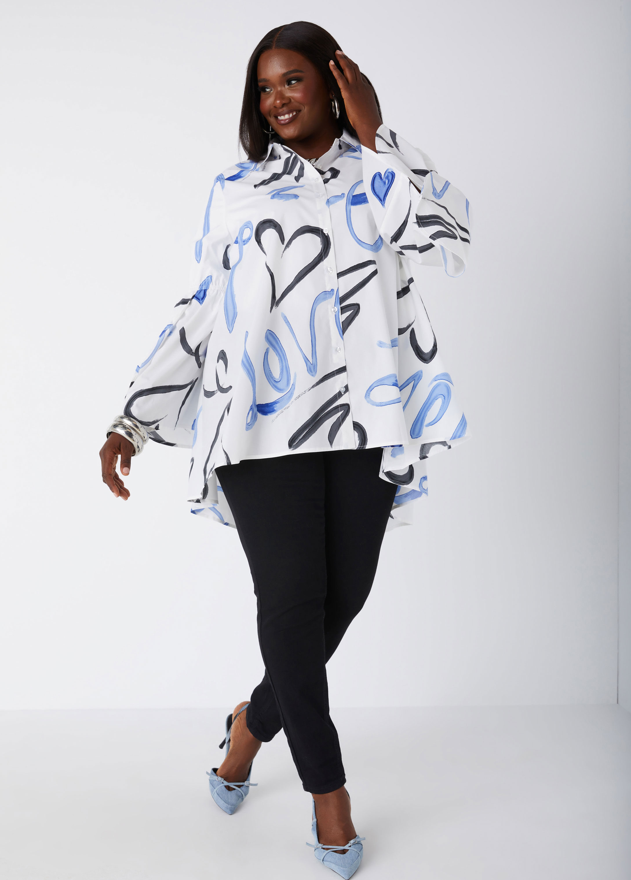 Plus Size Love Print Poplin Shirt Plus Size Collared Hi Low Shirt