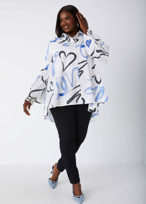 Love Print Hi Low Shirt, White Black image number 0