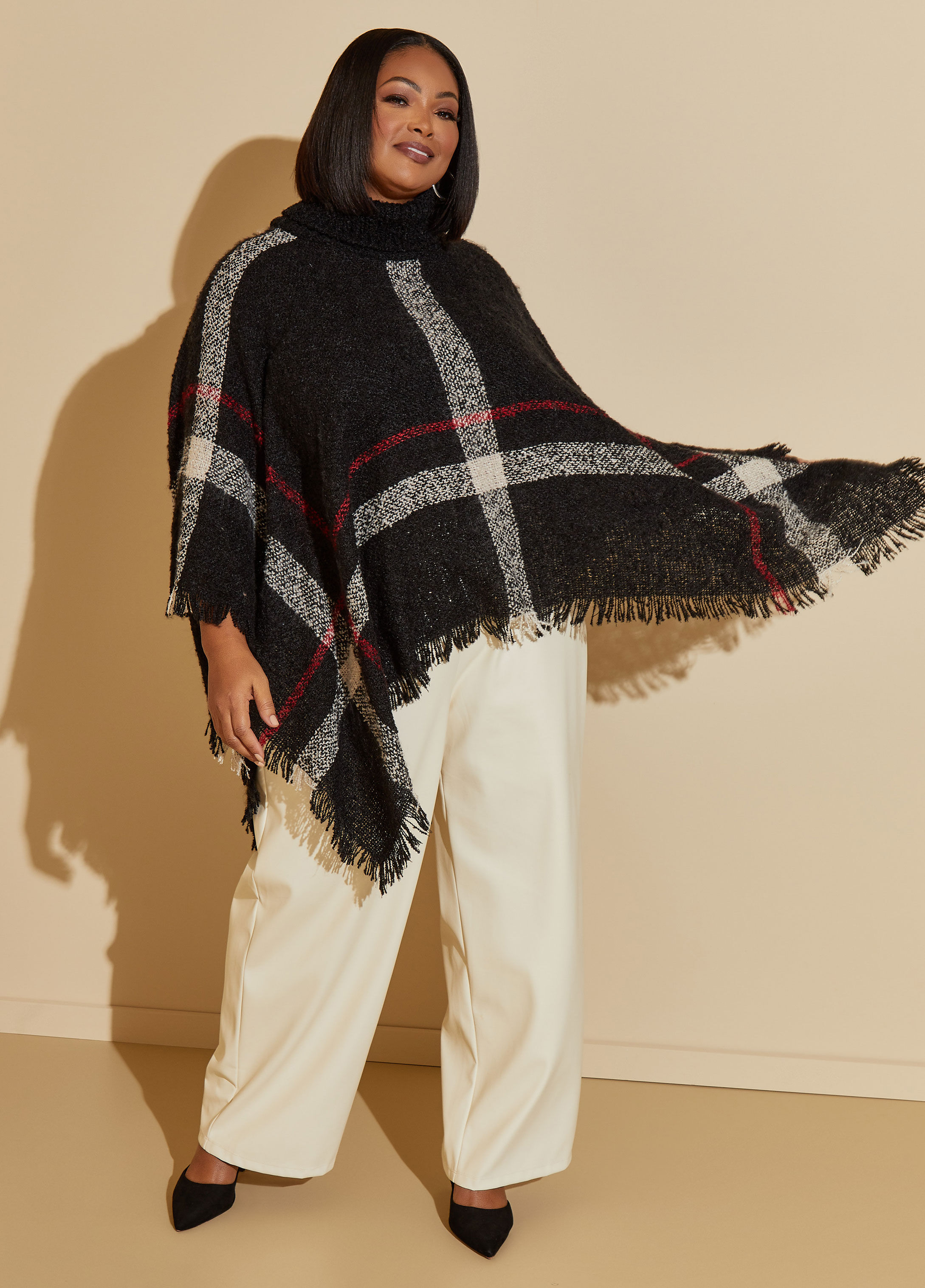 Plaid Bouclé Turtleneck Poncho