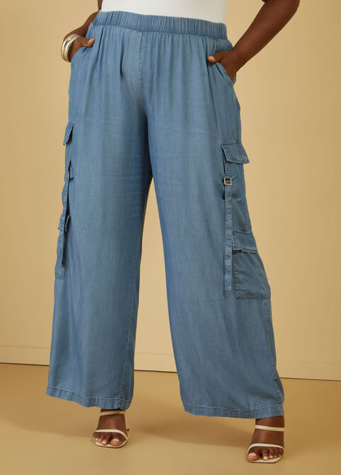 Chambray Wide Leg Cargo Pants, Denim image number 3