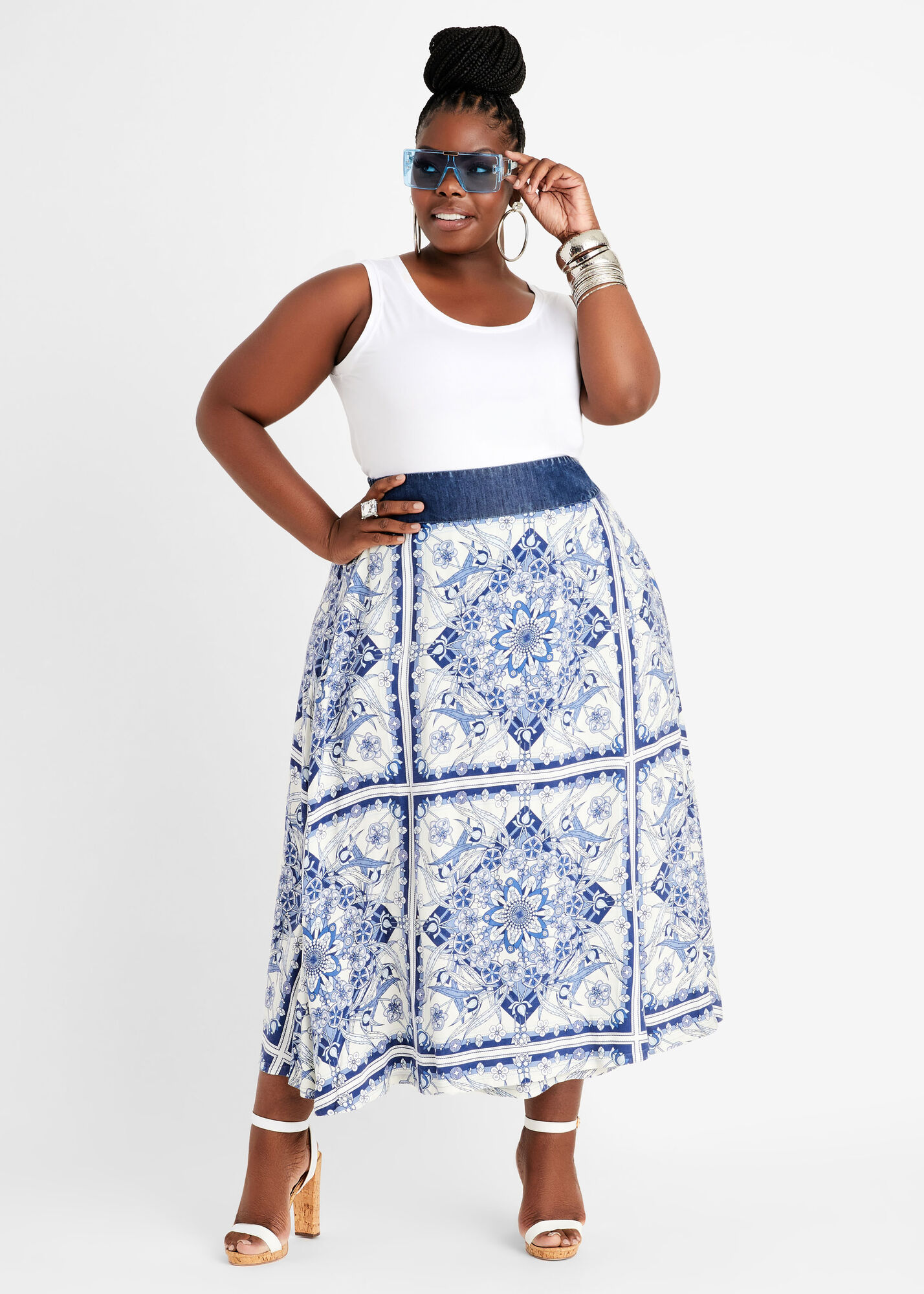 Plus Size maxi skirt denim print casual versatile summer