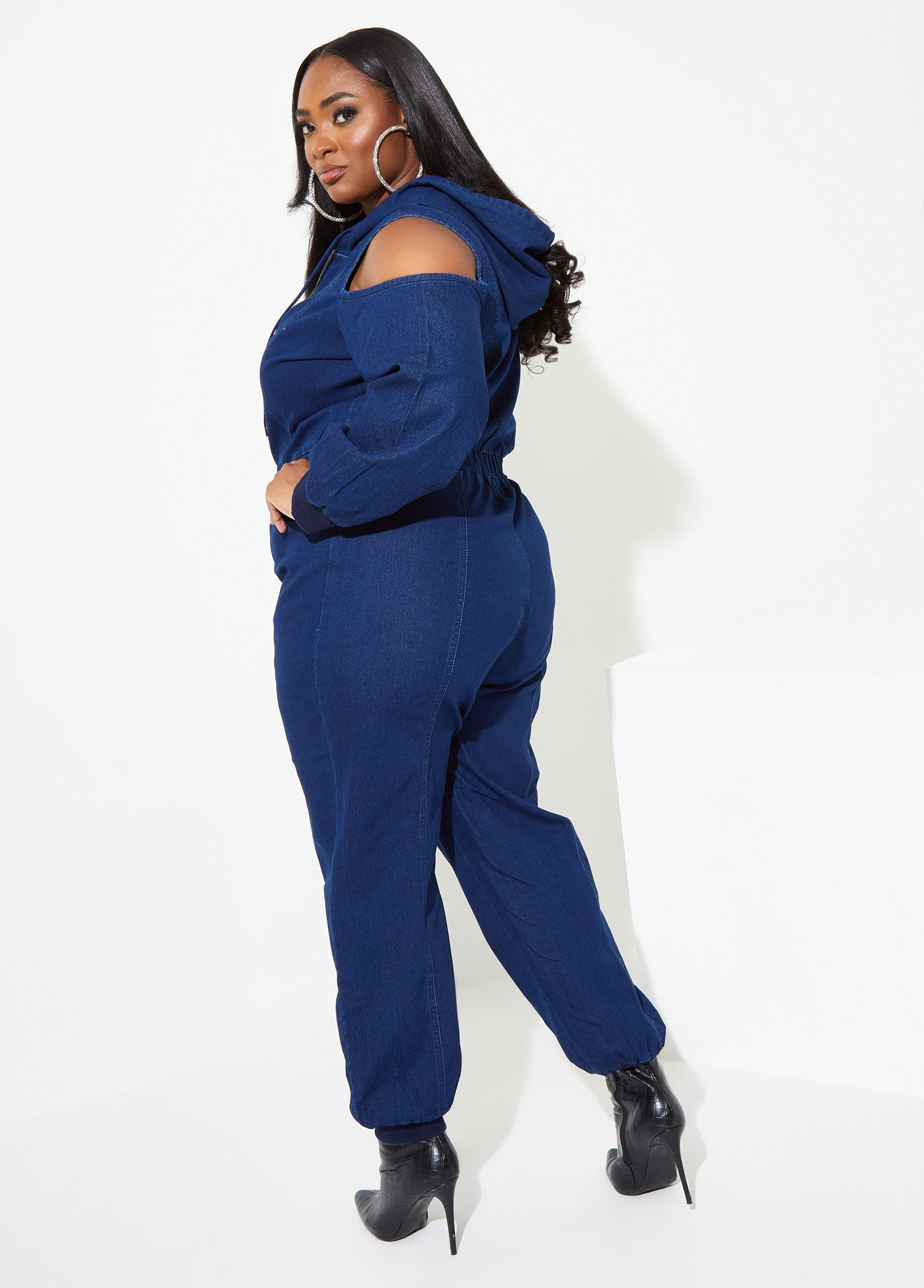 cold shoulder denim jumpsuit