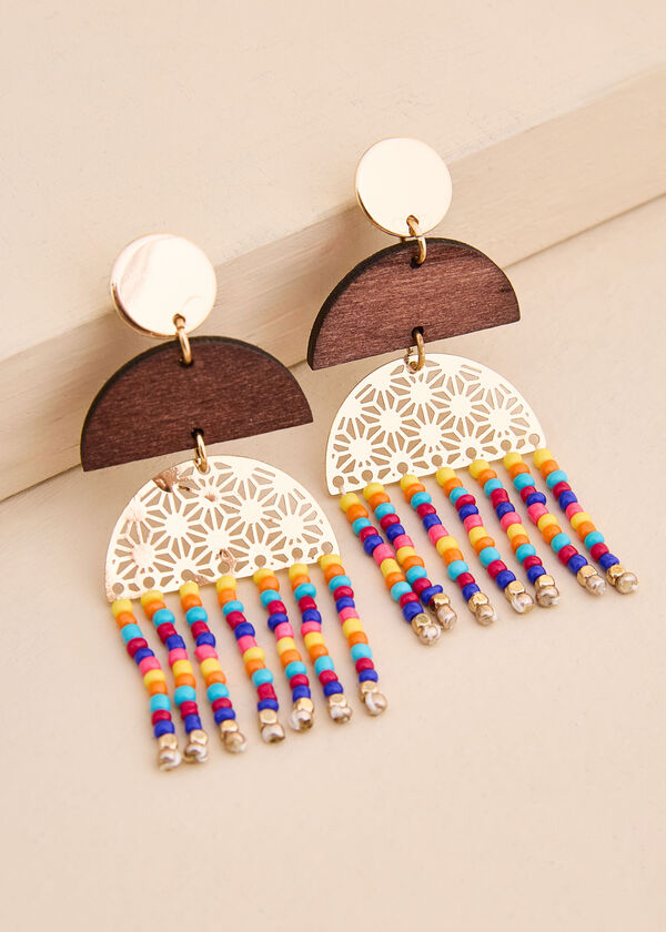 Beaded Wood And Metal Earrings, Multi image number 1