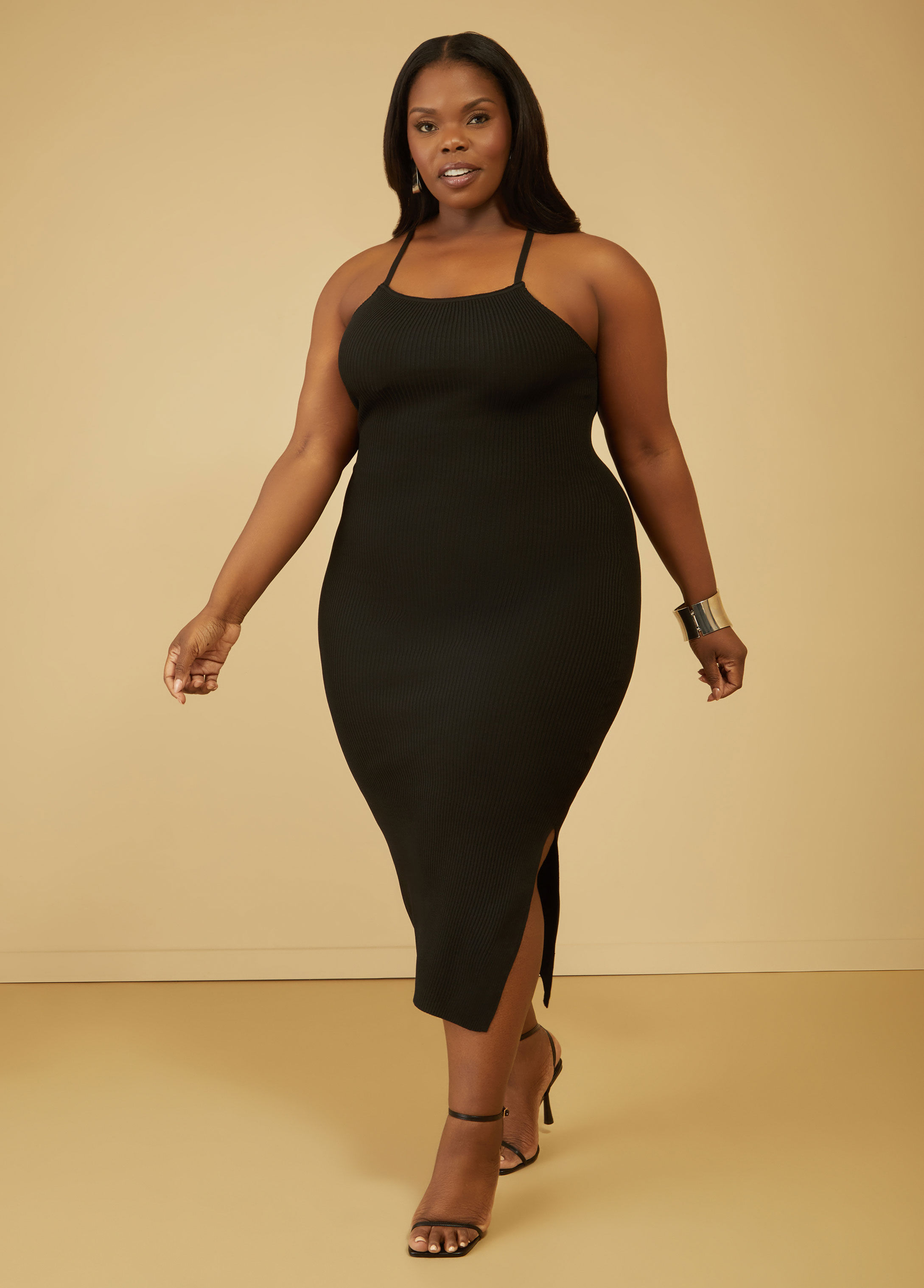 Women Plus Size Casual Crisscross Long-sleeve Black Dress