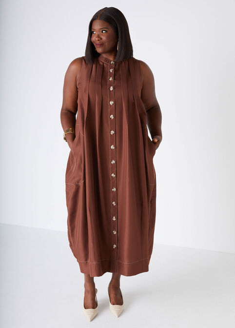 Pleated Midi Shirtdress, Potting Soil image number 0