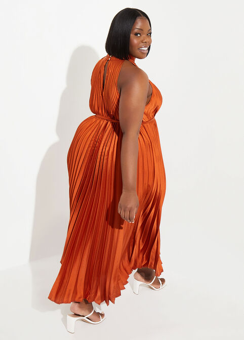 Accordion Pleated Satin Maxi Dress, Caramel image number 1