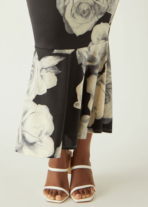 Rose Print Off The Shoulder Dress, Black White image number 3