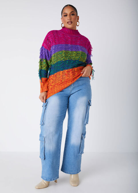 Fringed Rainbow Cable Knit Sweater, Multi image number 2