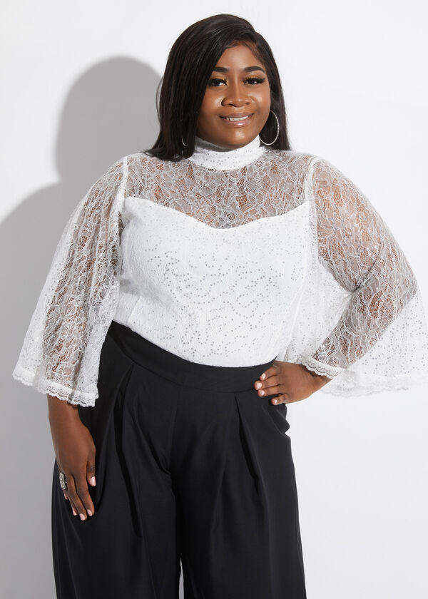 Plus Size Sequin Lace Sexy Sweetheart Tier Bell Sleeve Party Tops