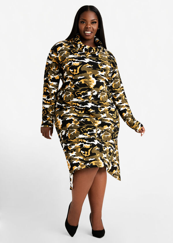 Plus Size Camo Asymmetric Abstract Ruched Bodycon Sexy Knit Midi Dress